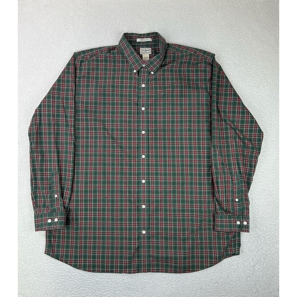 L.L. Bean Shirt Mens 2XLT Green Plaid Wrinkle Free Button Up Long Sleeve Tall